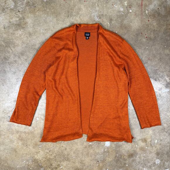 Eileen Fisher Women’s Large Open Front 100% Linen Cardigan Orange Italian Yarn - Picture 1 of 10